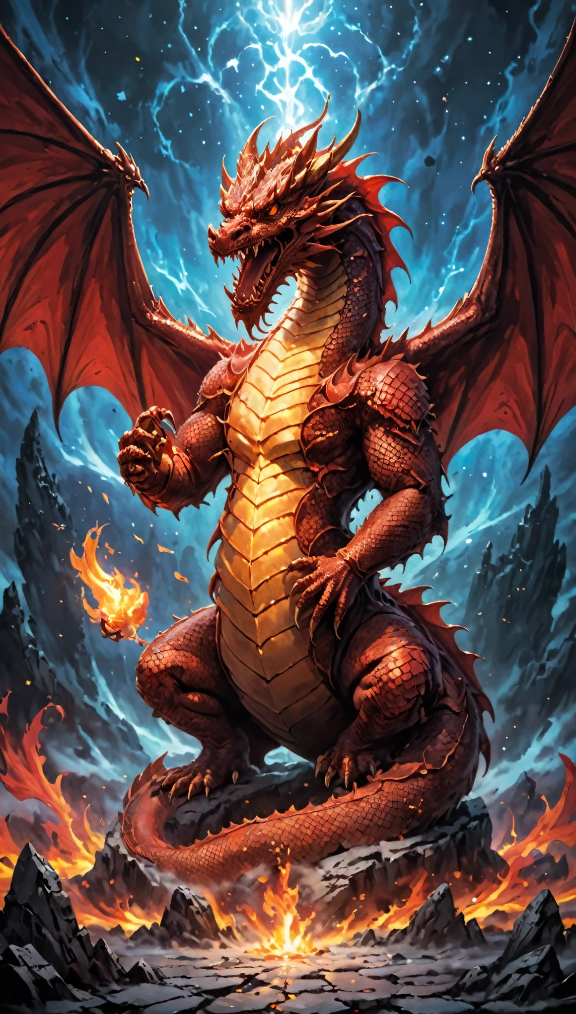 cosmic canvas,(monolithic background), flawless, clean, masterpiece, portrait of a naga holding gauntlet, epic composition, magical details, symmetry,red dragon person,