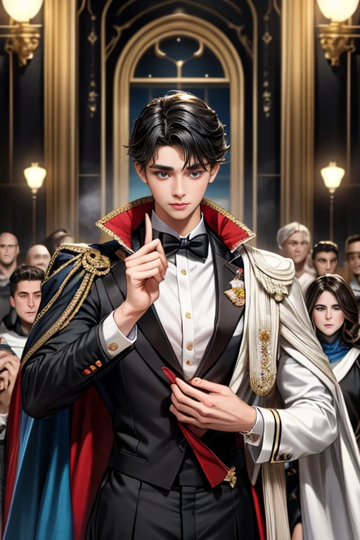 masterpiece, 最high quality, high quality, 1 boy, alone, Male focus, Watching the audience, Messy black hair, Adorable big blue eyes, White, Noble, Noble,Sexy voluminous cape、Tuxedo、A very voluminous, large, very large, very large, long, long red and black cape with a high stand-up collar, reaching down to the floor, made of a lot of fabric., 17 years old,Cute beautiful boys,Cute, cute, kind, handsome guy