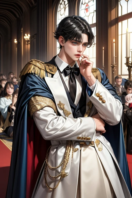 
masterpiece, 最high quality, high quality, 1 boy, alone, Male focus, Watching the audience,  Messy black hair, Adorable big blue eyes, White, Noble, Noble,Sexy voluminous cape、Tuxedo、A very voluminous, large, very large, very large, long, long red and black cape with a high stand-up collar, reaching down to the floor, made of a lot of fabric., 17 years old,Cute beautiful boys,Cute, cute, kind, handsome guy