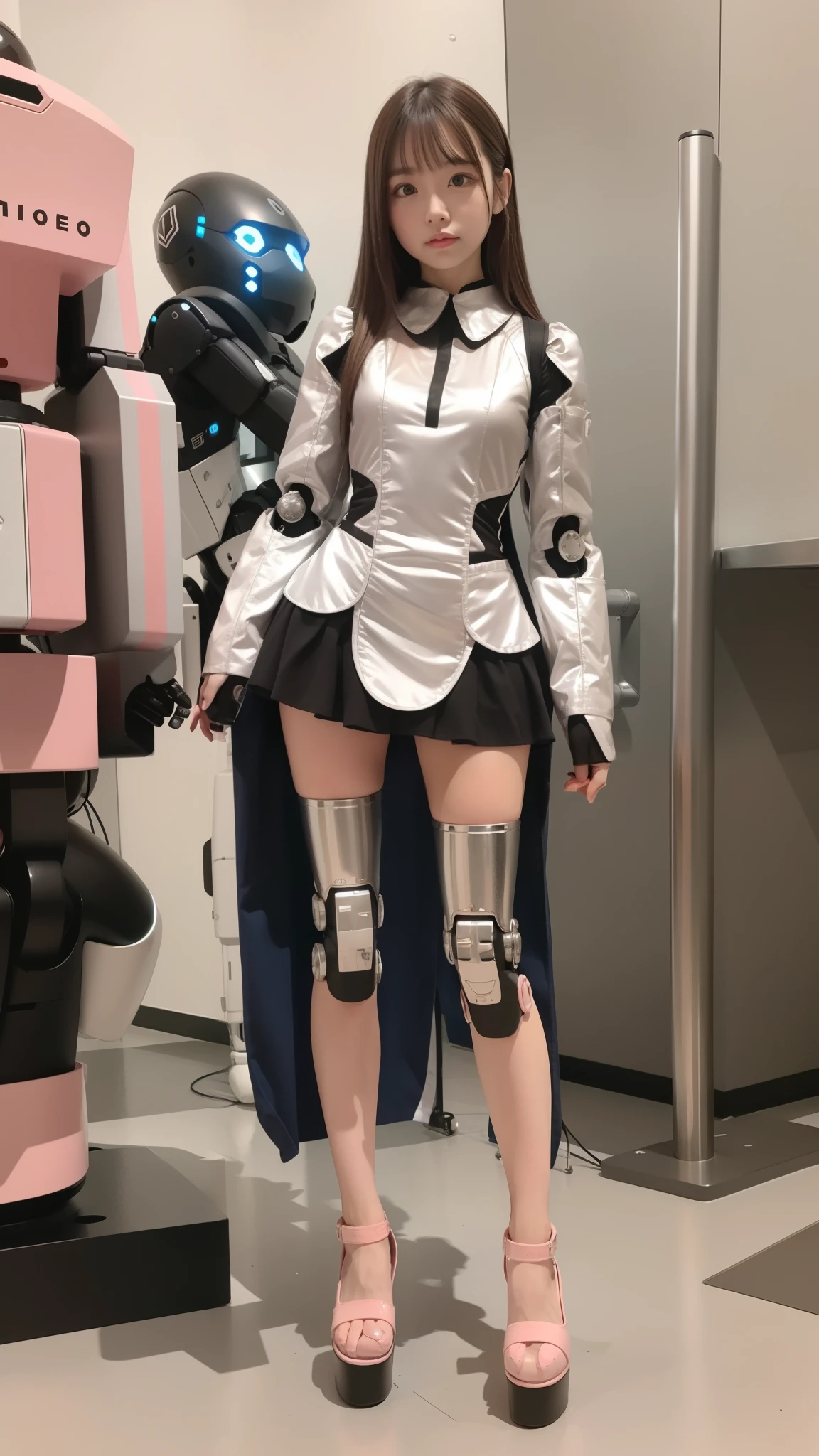 Robot Girl, pink there, Silver, Metallic body, Robot Parts, Metal Parts, Super Detailed Face, Super well-formed face, of the highest quality, a small face, a small head, Brown hair, Slender body, Camera gaze, Internal Mechanical Exposure, Idol, front facing, Well-proportioned body, sale, Exhibited, Event Hall, Moe Pose, pink metallic ta dress machine armor, Standing with legs open, Model body type, sad, Embarrassing,(Perfect Robot Girl),(Perfect machine body)