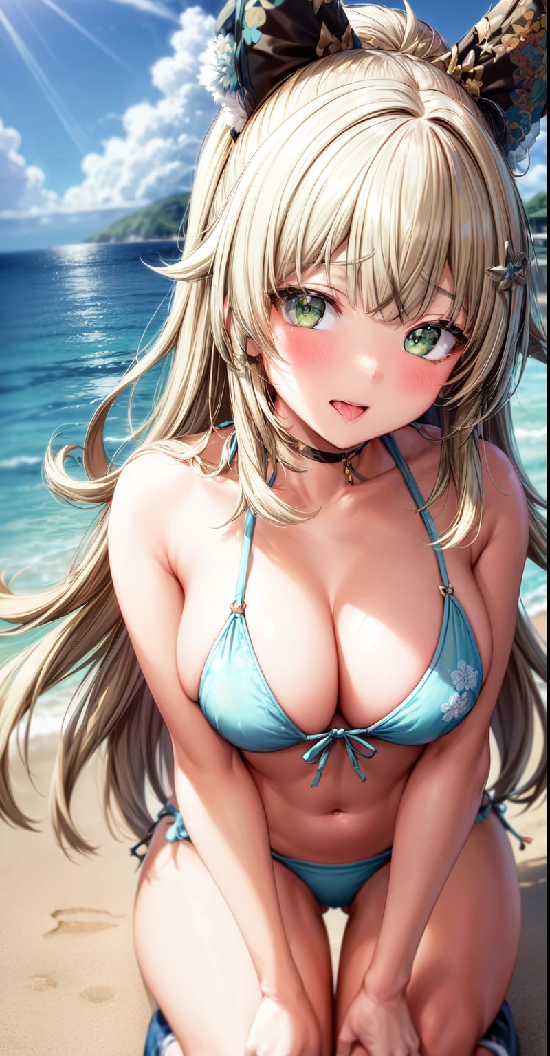 anime, Beautiful Face, Highly detailed face, (Highly detailed green eyes:1.2) , Highly detailed beach background, Best lighting, No Shadow, One girl, alone, Outdoor, Genshin Impact, Kirara, bangs, Beautiful long blonde hair, hair ornaments, Cat ear, Absurd, High resolution, Super sharp, 8k, masterpiece, View your viewers, blush, (Teasing Smile:1.2), break (Detailed sexy beach bikini:1.4),、Nipples are visible、With legs apart、Emphasis on the mouth、Sticking out tongue、Open your mouth wide、Crouching、Close up of face、Drooling、Highlight the face、