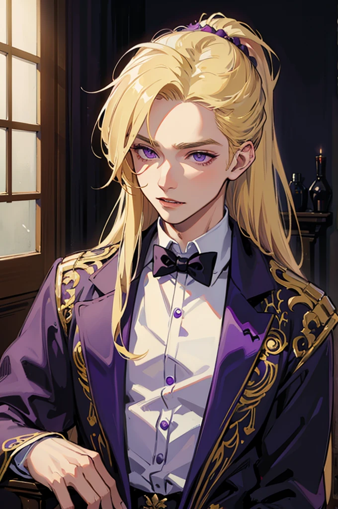 man, male, blonde hair, long hair, purple eyes, fantasy wear, vampire,