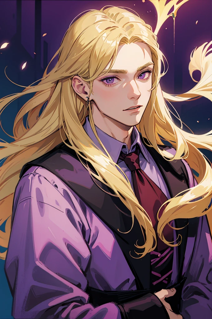 man, male, blonde hair, long hair, purple eyes, fantasy wear, vampire,