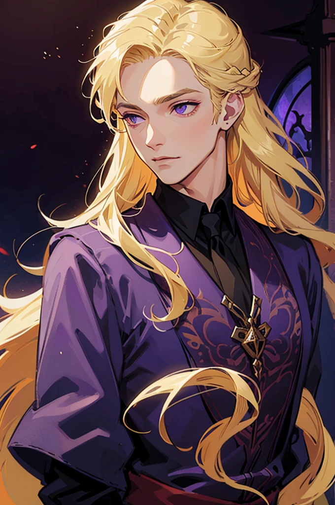 man, male, blonde hair, long hair, purple eyes, fantasy wear, vampire,