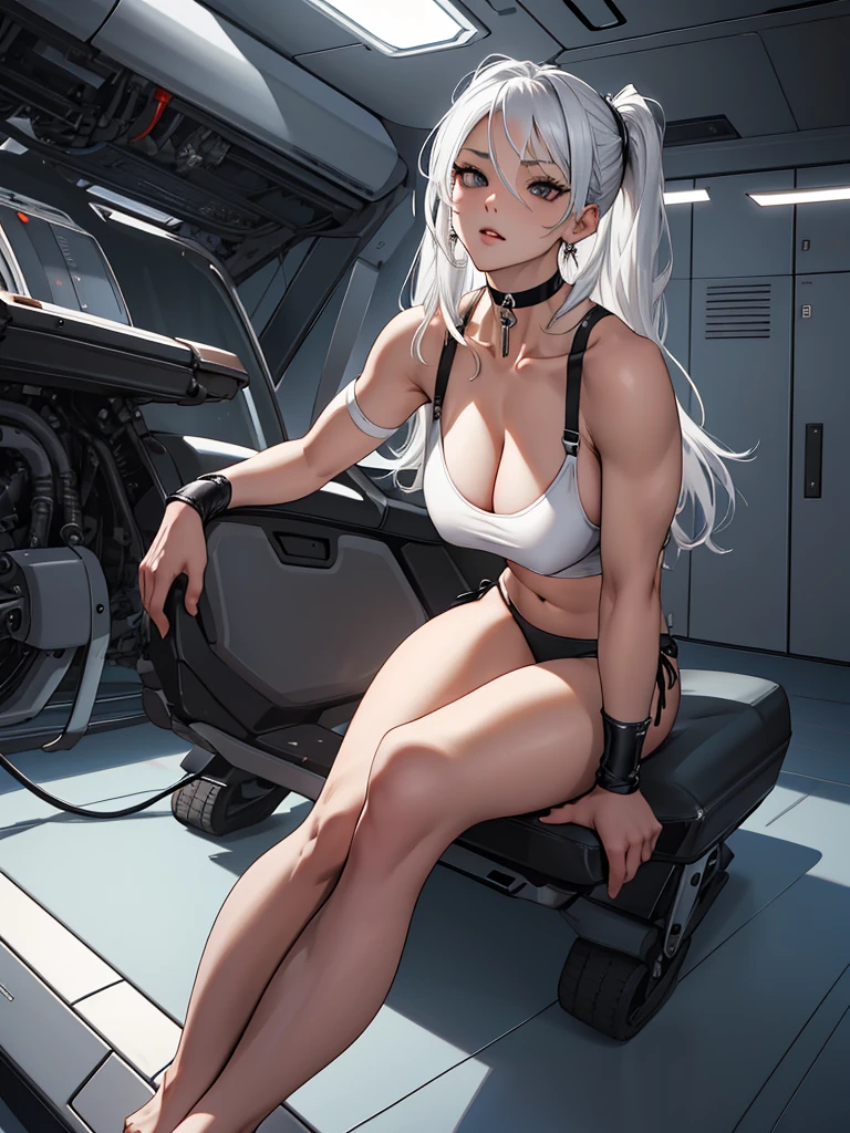 masterpiece, best quality, highres, highly detailed, ((sexy fit waifu:1.3)), plump medium breasts, pale skinned girl, eye-shadow, black eyes, long straight silvery white hair, (black choker), (formfitted high cut croptop), (tight black g-string bikini), (bare legs and feet), she's sitting in a large spacious spaceship bedroom. With a look of desire on her pretty face.