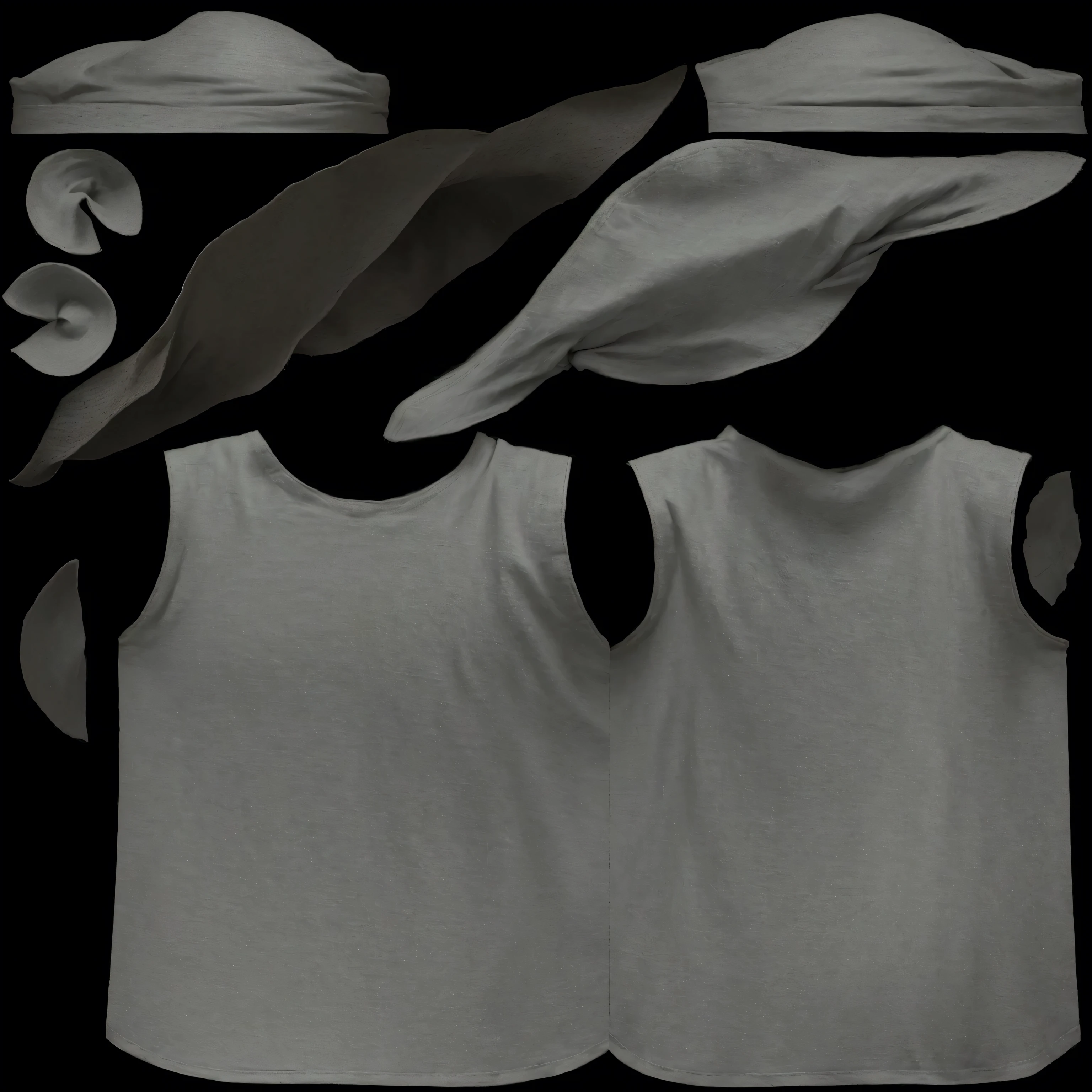 there are three different types of shirts and hats on a black background, High detail clothing, realistic clothing, realistically rendered clothes, high detailed clothes, detailed texture of clothes, wonderful designer substance, clothing concept, non-textured, wonderful designer, loose clothes and hat, Fluid realistic fabric, clothing design, high resolution and detail, wonderful designer 3d rendered, cloth simulation