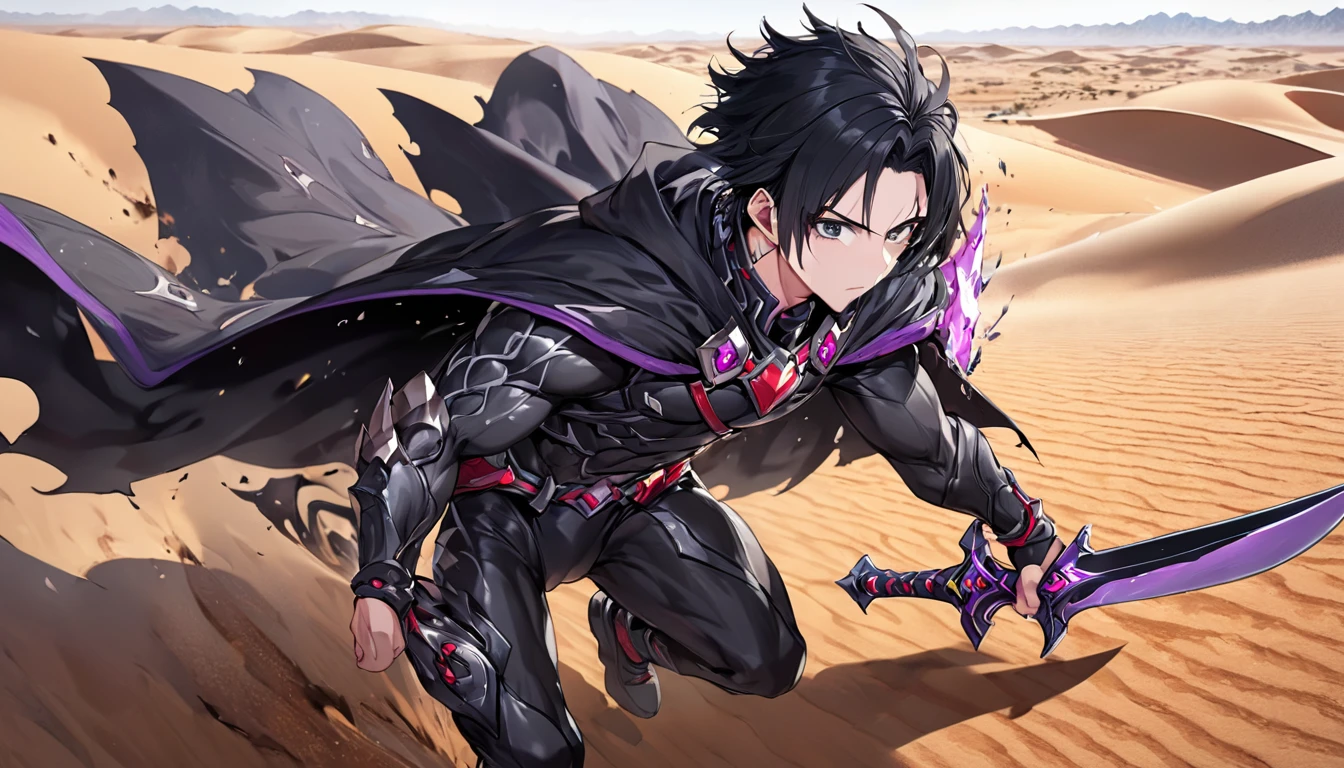 panoramic, profile, (God of Destruction style, hard running style) (solo:2, 35yo), (very short black hair Strong body divine fighter guy), (serious cool gray eyes, serious face), (bery strong body with God of Destruction), in a Cursed Dark Armor, black Enchanted Cloak with review, (put on back with biggest divine Bastard Blade), running on desert, break, in the Desolate desert, background open field, BREAK, perfect anatomy, masterpiece, best quality, 16k, beautiful detailed Shattered World, daydreaming expression.
