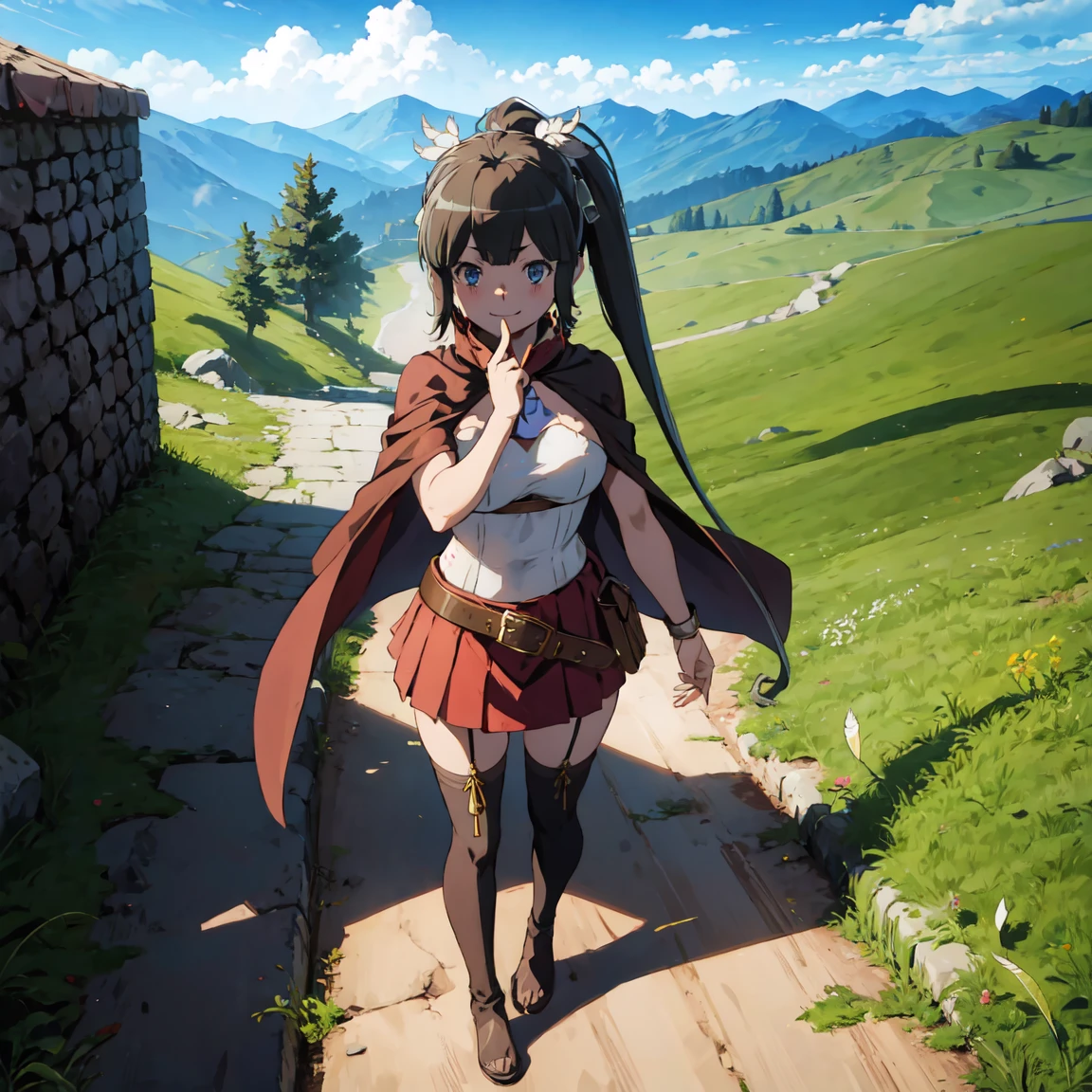 highly detailed, full body, ((1girl)), solo, smile, blush, outdoors, day, simple background, blue sky, sky, temple, looking at viewer, stairs, mountain, moody lighting, facing viewer, full body view, aamumei, (((very long hair, ponytail))), ahoge, multicolored hair, ((feather hair ornament)), hairclip, white shirt, brown corset, dagger, belt, red skirt, thigh strap, single kneehigh, single thighhighs, brown cloak, cape, capelet, brown bow, She holds a longsword in her right hand.
