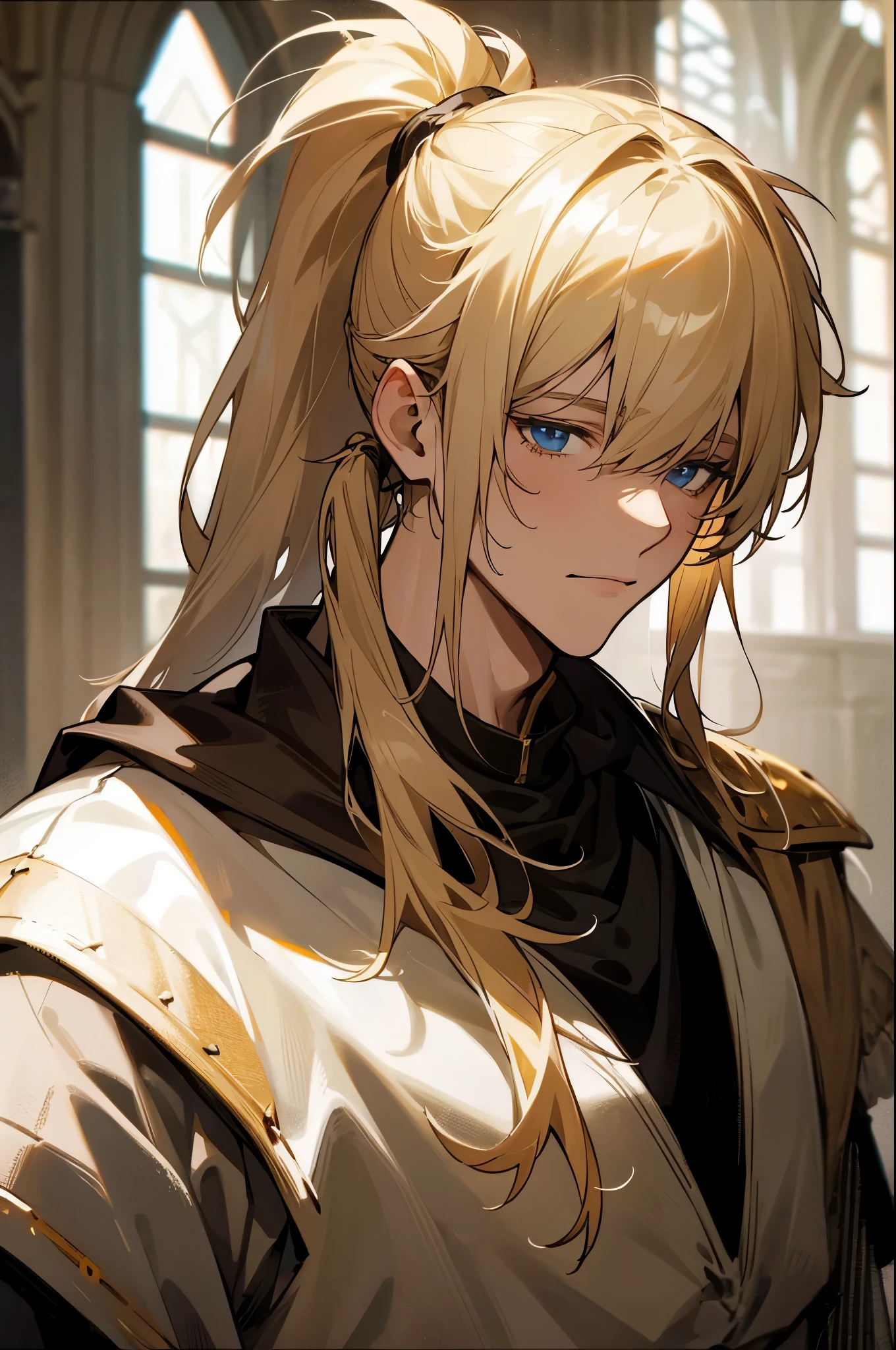 1 male, relaxed, messy blond hair with bangs in a low ponytail, white knight, beautiful, in a castle, medieval fantasy
