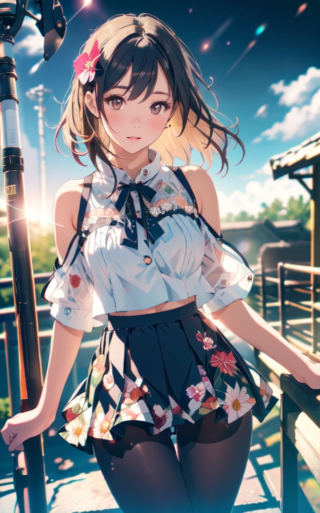 Front facing, facing this way、
Gal's more beautiful smile、
More cute casual summer outfits、Cute mini skirt、
More beautiful thighore beautiful colorful pantyhose、
Beautiful dark clouds, (Cowboy Shot:1.4), Beautiful and realistic,
Beautiful masterpiece, Beautiful and top quality, Beautiful backlight, (Lens flare:1.1), (bloom:1.1), (chromatic aberration:1.1)
flowerpunk