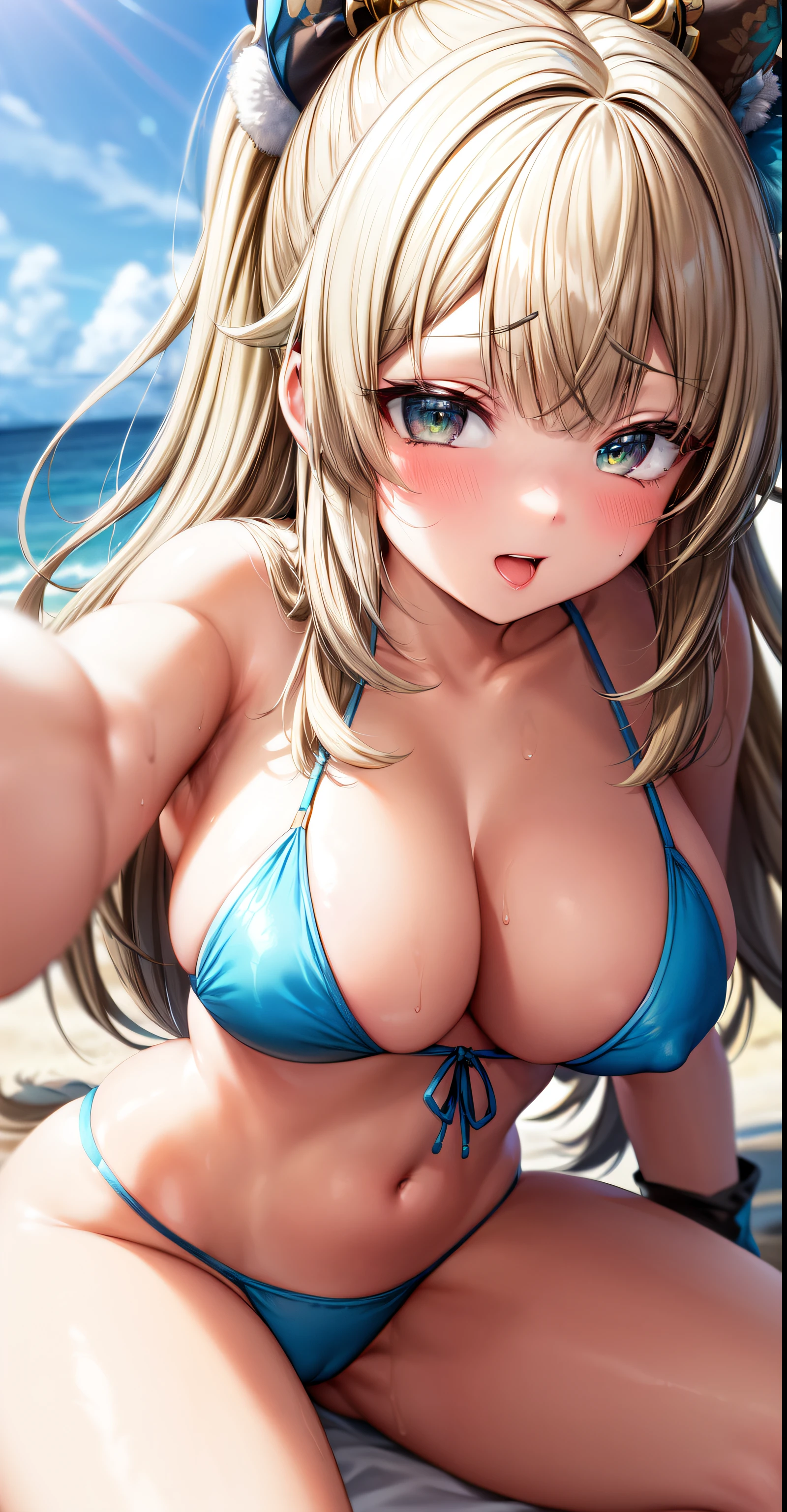 anime, Beautiful Face, Highly detailed face, (Highly detailed green eyes:1.2) , Highly detailed beach background, Best lighting, No Shadow, One girl, alone, Outdoor, Genshin Impact, Kirara, bangs, Beautiful long blonde hair, hair ornaments, Cat ear, Absurd, High resolution, Super sharp, 8k, masterpiece, View your viewers, blush, (Teasing Smile:1.2), break (Detailed sexy beach bikini:1.4), (Sexy pose:1.2)、Nipples are visible、With legs apart、Emphasis on the mouth、Sticking out tongue、Open your mouth wide、Crouching、Close up of face、Drooling、Highlight the face、