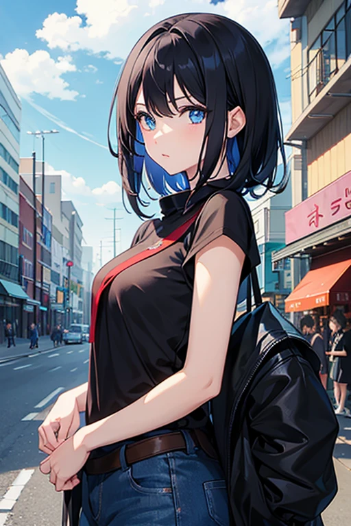 Anime girl with black hair, blue eyes, super developed, very short clothes, and have its parts marked