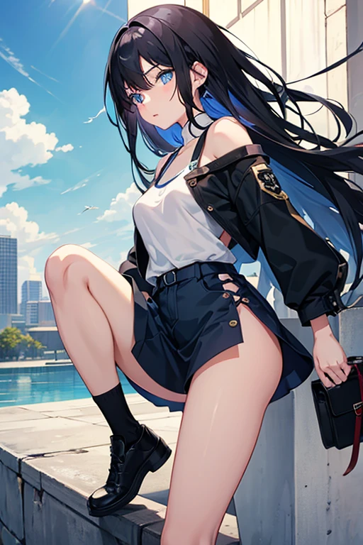Anime girl with black hair, blue eyes, super developed, very short clothes, and have its parts marked