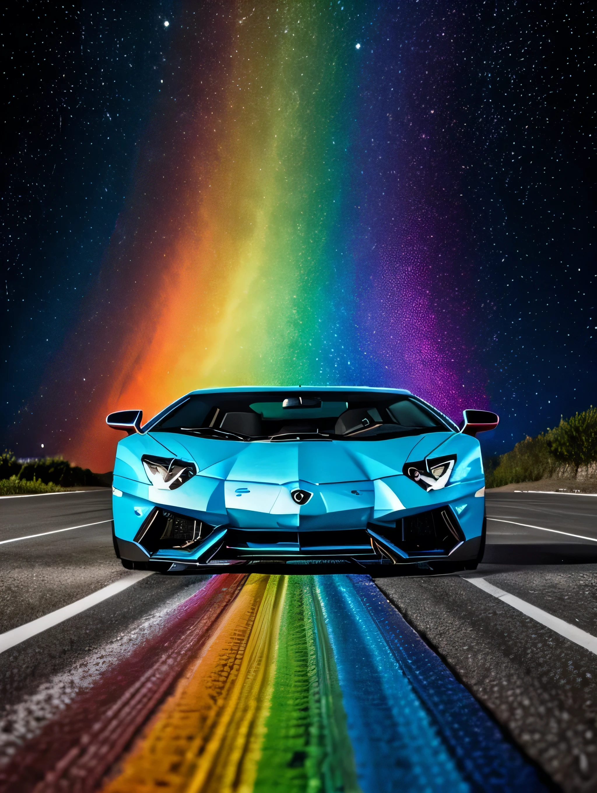 A sky blue Lamborghini aventador driving on a rainbow glass road in a vibrant outer space