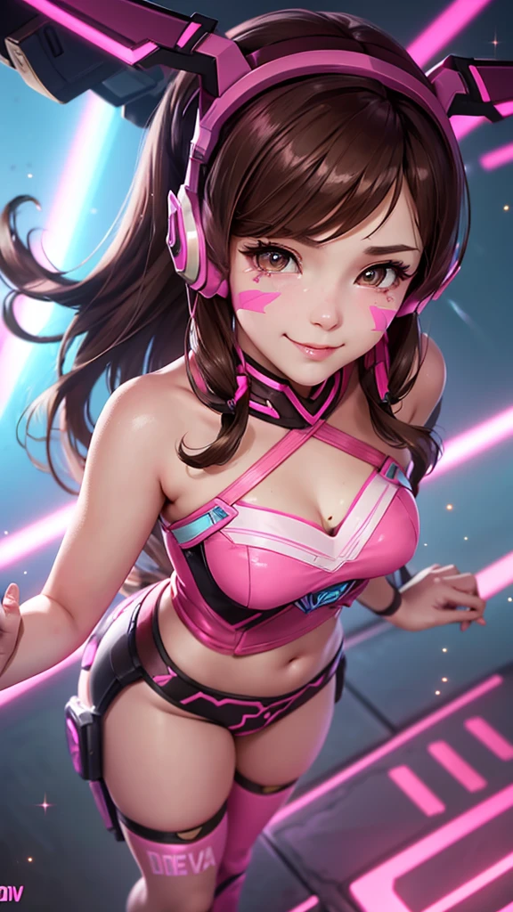 brown hair, Overwatch, D.VA, very long hair, Pink Headset, Dva Facepaint, pupils sparkling, Pink Eye Colour, unserious, seductive smile, Big ass, D.VA Costume, from below, from behind, UHD, masterpiece, high details, high quality, best quality, highres,