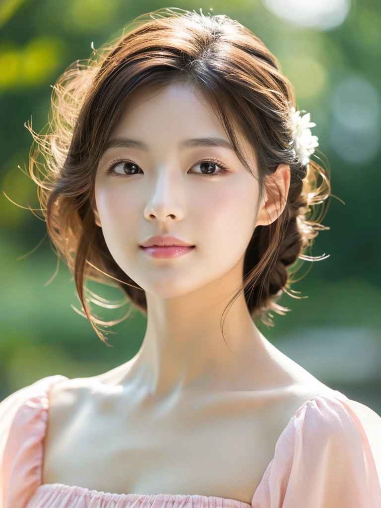 (Top image quality、8k、masterpiece)、There is a Japanese or Korean girl in the picture,She is full of elegance、Intellectual、Energetic woman、The hairstyle is beautiful and natural flowing curly hair。Smooth and graceful jaw line,Double eyelids are of medium size,The bridge of the nose is elegant and pretty,Lips are pink and elastic,With lip beads,The proportion of upper and lower lips is moderate,Have a charming smile,Skin texture is very delicate and delicate,Fair and shiny,Facial focus is very clear,Dress with summer fashion sense,The screen only shows the upper body,Contains the entire header,The shooting lens is 3.5mm,Natural light and shadow highlight the contours and three-dimensionality of the face,The body posture is relaxed and comfortable,Background blur or monochrome,Shallow depth of field