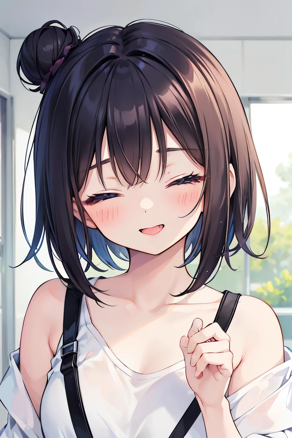 "An anime-style sketch of a young girl with short, layered hair and a hair bun on the left side. She has a happy, playful expression with her eyes closed and tongue slightly sticking out. The girl is wearing a low-cut top, and the drawing focuses on her upper body. The style is light and airy with simple, clean lines, emphasizing a cute and cheerful mood."