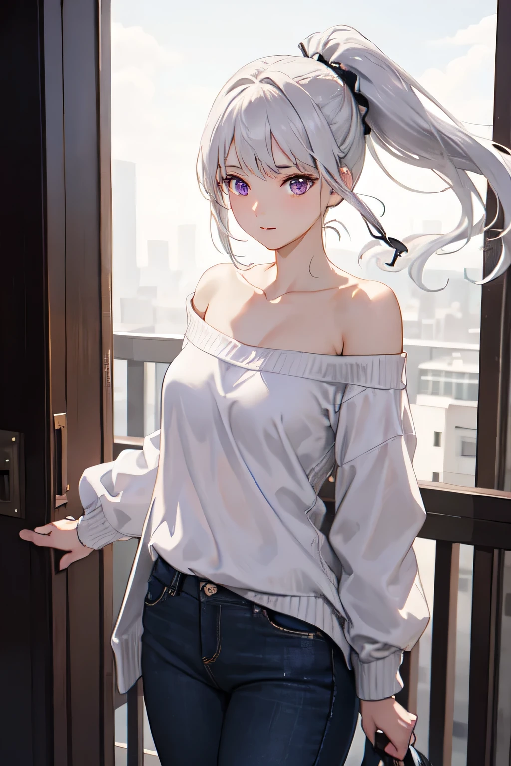 ((best quality)), ((masterpiece)), (detailed), 1girl, sexy((Highest quality)), ((masterpiece)), (detailed), One girl, Off-the-shoulder sweater, She stands on the balcony、White hair fluttering in the wind。Her hair is tied up in a ponytail、Every time it sways in the wind it reflects a soft light.。Her purple eyes、It&#39;s as clear as a star shining in the night sky、It has a charm that attracts the viewer.。 She suddenly noticed this、Slowly turn your face towards me。The movement is graceful、It&#39;s as if time flows slowly。Her expression is calm、Smiling lightly。That smile is warm、Soothing。 Her purple eyes stare intently at me、A deep gaze that seems to see right into the depths of your soul。She takes one step、Come closer、Tilt your face slightly and make a peering gesture.。The gesture is very natural、It looks as if she wants to ask you something.。 What she is wearing、A simple yet elegant white dress。The hem of the dress sways in the wind、It enhances her pure beauty even more.。In the background、The sky is dyed in the sunset、The soft orange and pink light gently envelops her silhouette.。
