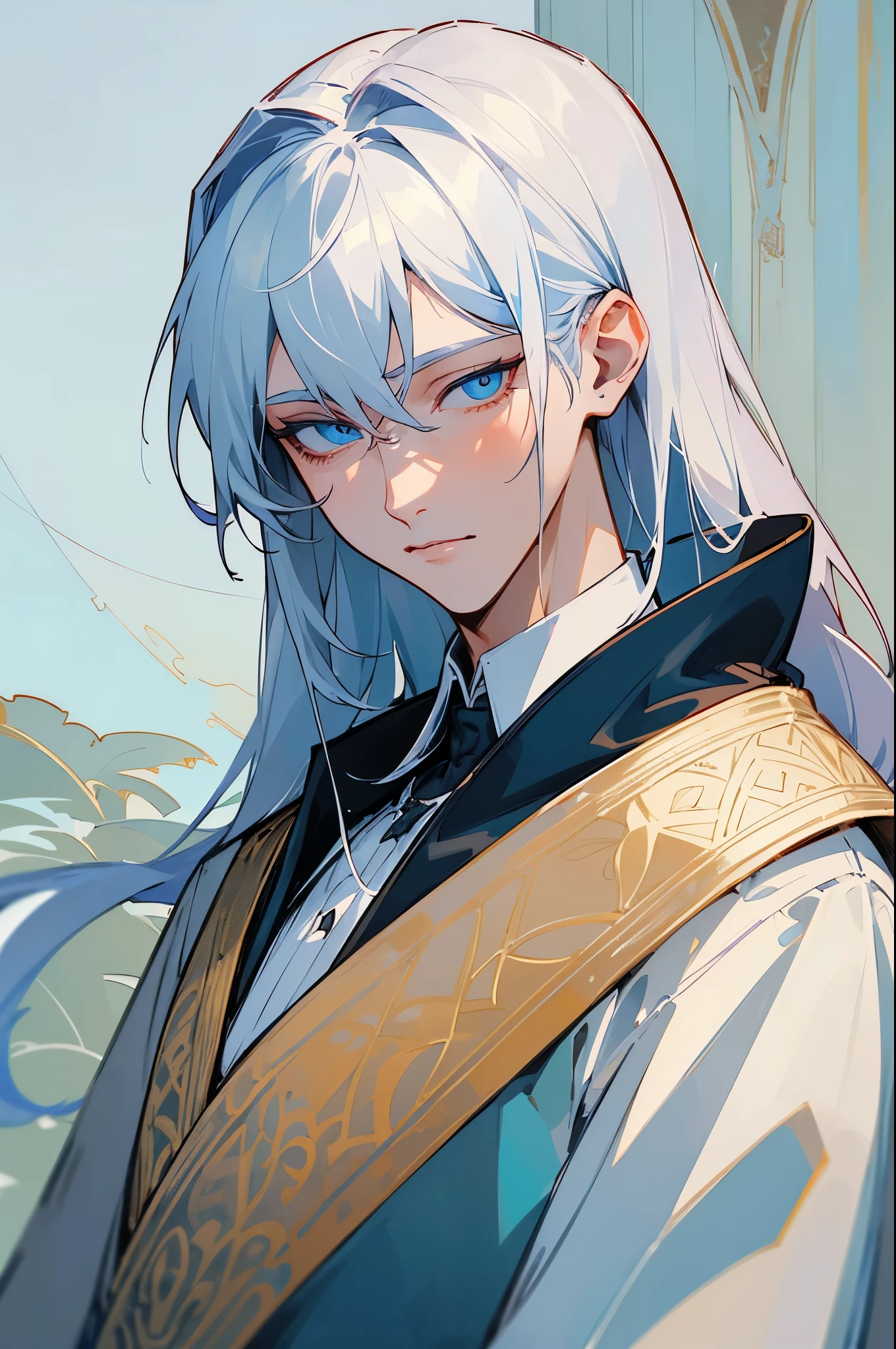 (extreamly delicate and handsome:1.2), 8K,(шедевр:1.0),(best_quality:1.0), 1boy, and intricate detailing, Enlarged textures, and intricate detailing, finely eye and detailed face, white simple medieval outfit, ruinscape background, (closed mouths),long white hair, Perfect eyes, blue sea eyes, Equal eyes, (A male god)