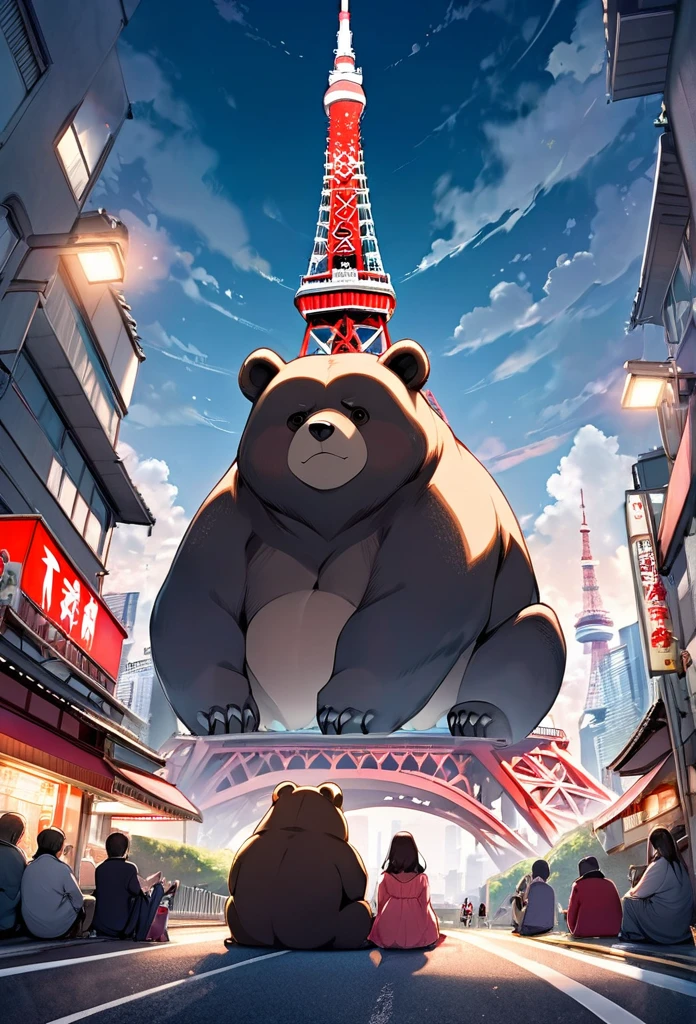 Plump giant bear hybrid, People are sitting on the road under Tokyo Tower, causing a nuisance.., Big Tokyo Tower background, Small model, The bear is bigger than Tokyo Tower., Fantasy art, 2.5D, delicate and dynamic, Cute rough pastel effect