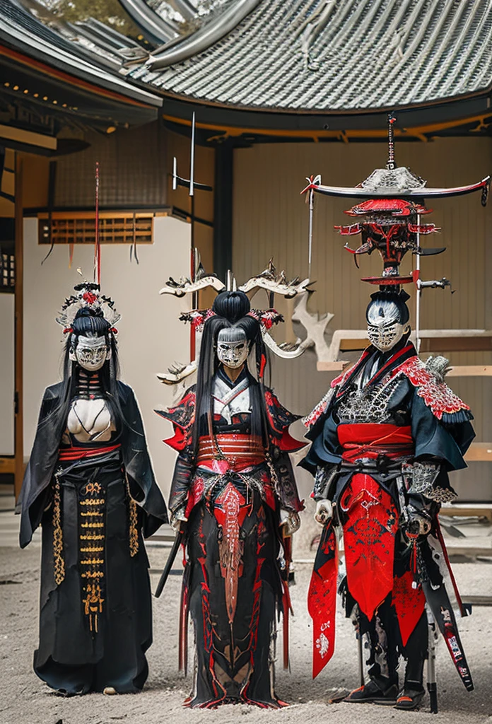 a group of people standing next to each other, yasuke 5 0 0 px models, hone onna skeleton geisha, ancient japanese samurai, female samurai, demon samurai, japanese samurai, samurai with demon mask, demon samurai warrior, feudal japan art, demon samurai mask, samurai armor, very beautiful cyberpunk samurai, porcelain japanese mannequins, japanese warrior, samurai portrait photo