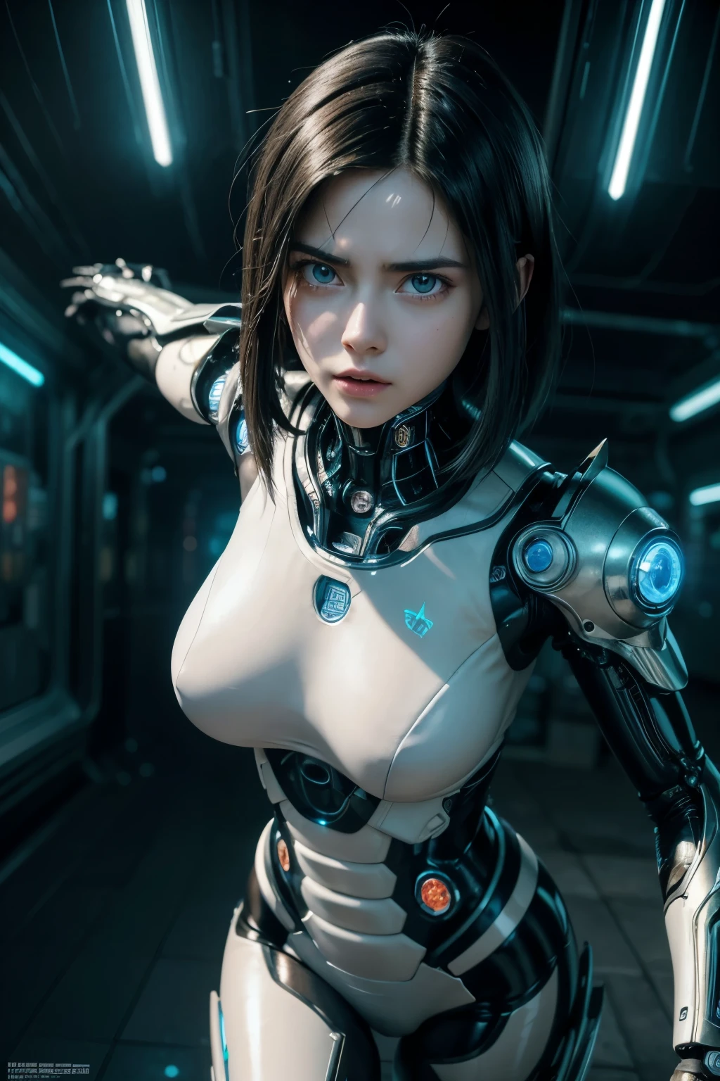 A detailed, high-quality battle angel Alita, porcelain skin, large expressive eyes, delicate facial features, intricate mechanical cyberpunk body, flowing hair, dynamic action pose, futuristic sci-fi environment, neon lights, cinematic lighting, vibrant colors, highly detailed, 8k, photorealistic, conceptart style
