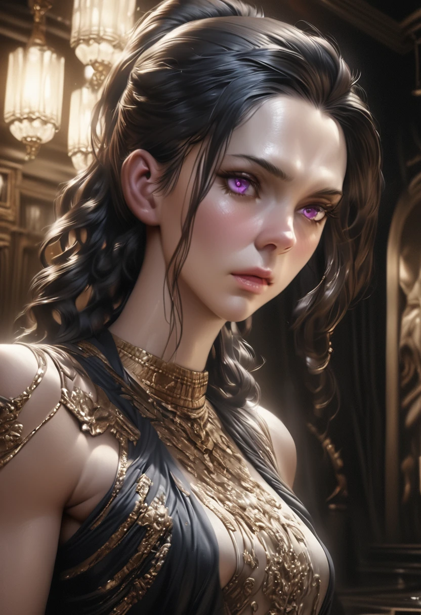 a beautiful woman with long dark blue hair in a ponytail, violet eyes with a cold and powerful gaze, an overwhelming regal aura, (best quality,4k,8k,highres,masterpiece:1.2),ultra-detailed,(realistic,photorealistic,photo-realistic:1.37),digital art, highly detailed facial features, porcelain skin, dramatic lighting, cinematic composition, fantasy, elegant flowing dress, dramatic shadows, moody atmosphere, deep rich colors