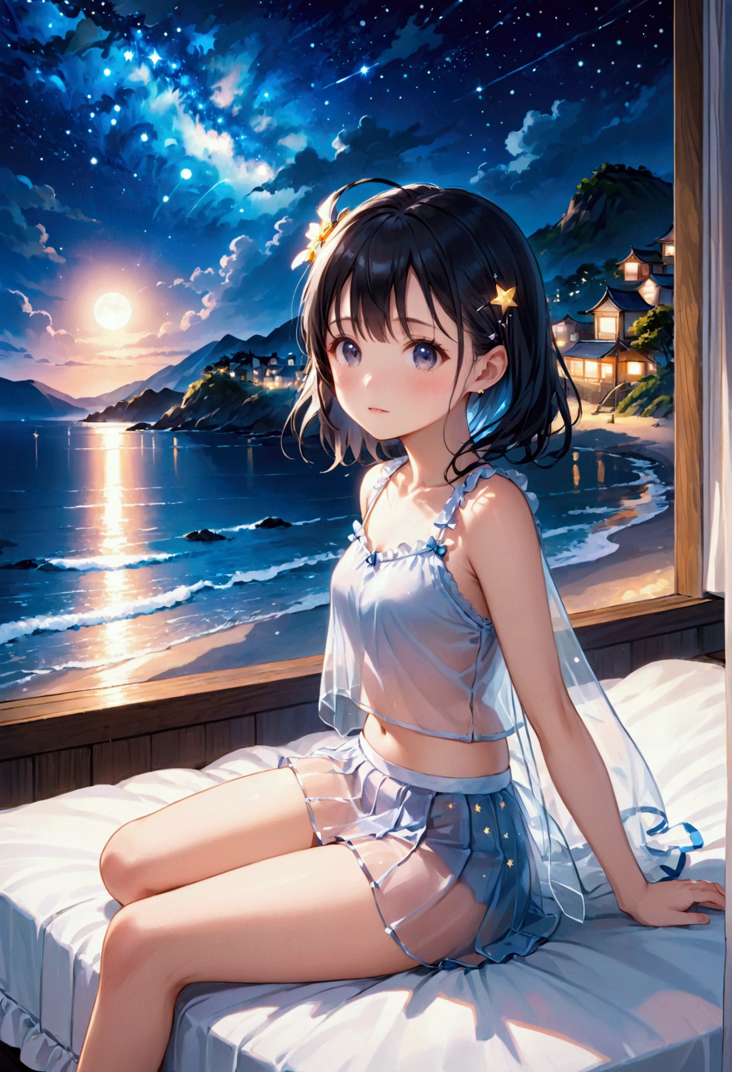 8k,Japanese,innocent face,teenage girl,cute, transparent summer clothes, transparent short skirts,sitting, legs open, black hair,on the bed,coastline,hair clip,night view,starry sky