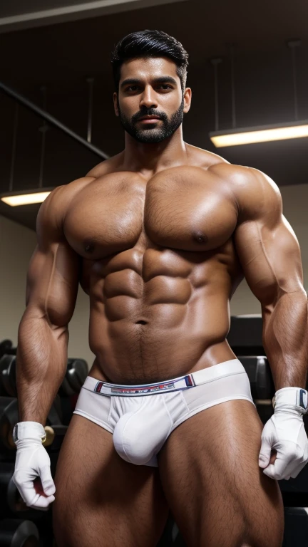 30 years old Desi mascular dark skin jaat with huge wide muscular shoulders, wide chest, abs, masculine wide triceps, arms, biceps, big masculine legs, wide thighs, calfs, black-haired, hair falls on your face, Mesmerizing brown eyes, tommy Hilfiger white underwear, gloves in hand, in gym, hand on bulge