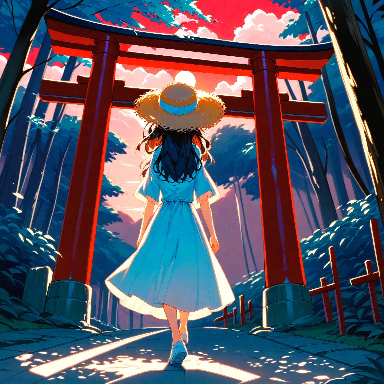 score_9, score_8_up, score_7_up, score_6_up, score_5_up, score_4_up, masterpiece, best quality, source_anime,2D、flat、1girl, black hair,long hair、hair is frizzy　straw hat、white dress、red sky、 japanese forest、turn around、Torii, summer、backlighting、shadow、upskirt、dusk、deep shadows:1.2