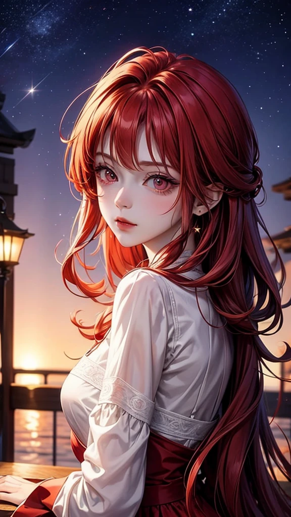 good quality, 4k, anime model, girl, beautiful, red hair, red eyes, faint smile, facing side, night view background, beautiful stars, wearing white sweeter