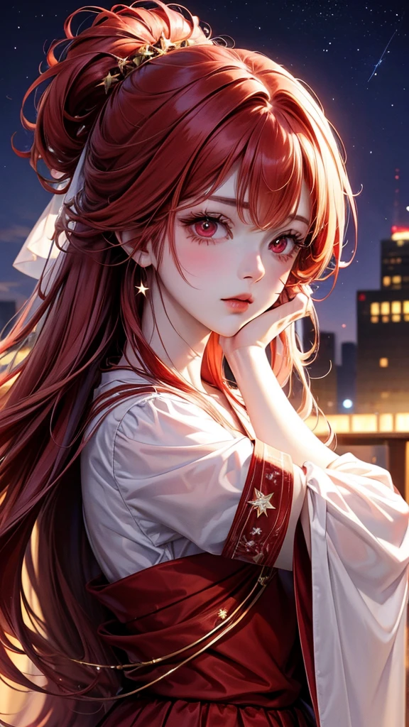 good quality, 4k, anime model, girl, beautiful, red hair, red eyes, faint smile, facing side, night view background, beautiful stars, wearing white sweeter