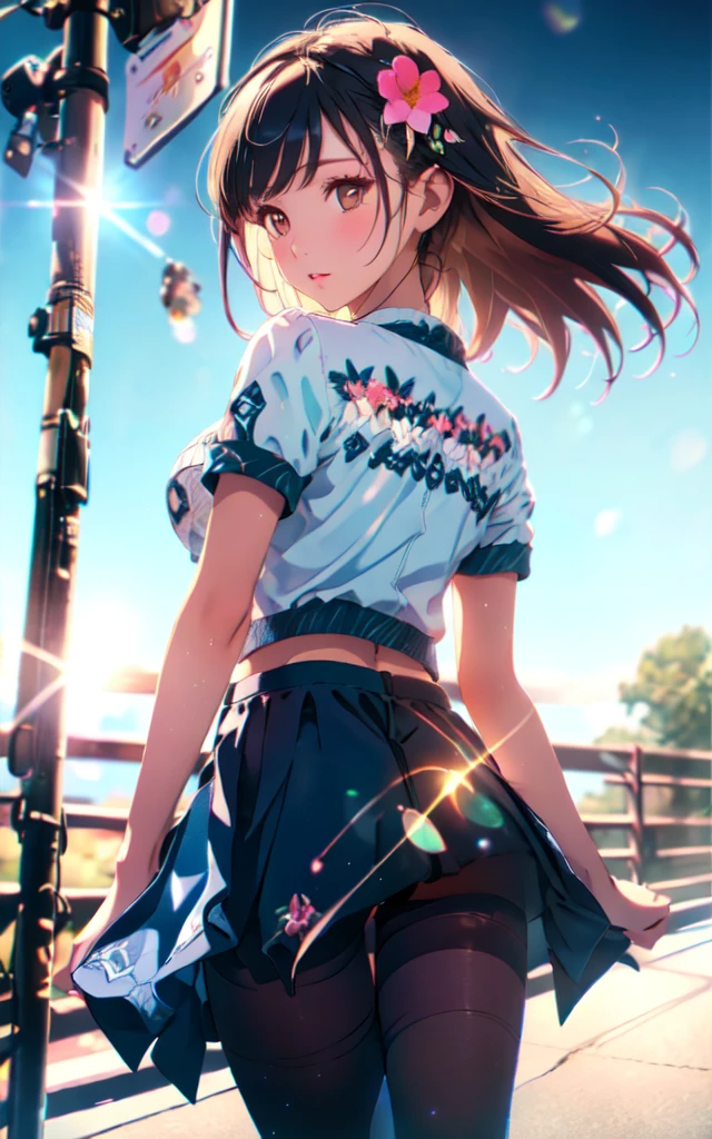 Front facing, facing this way、
Gal&#39;s more beautiful smile、
More cute casual summer outfits、Cute mini skirt、
More beautiful thighore beautiful colorful pantyhose、
Beautiful dark clouds, (Cowboy Shot:1.4), Beautiful and realistic, 
Beautiful masterpiece, Beautiful and top quality, Beautiful backlight, (Lens flare:1.1), (bloom:1.1), (chromatic aberration:1.1)

flowerpunk