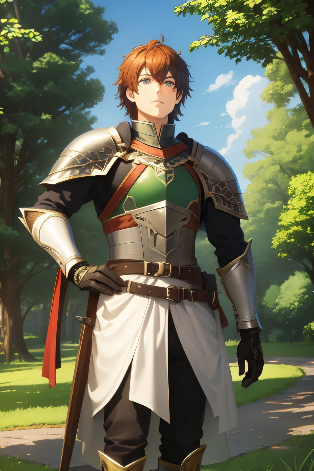 Male, Auburn hair, green eyes, knight fantasy, nature knight