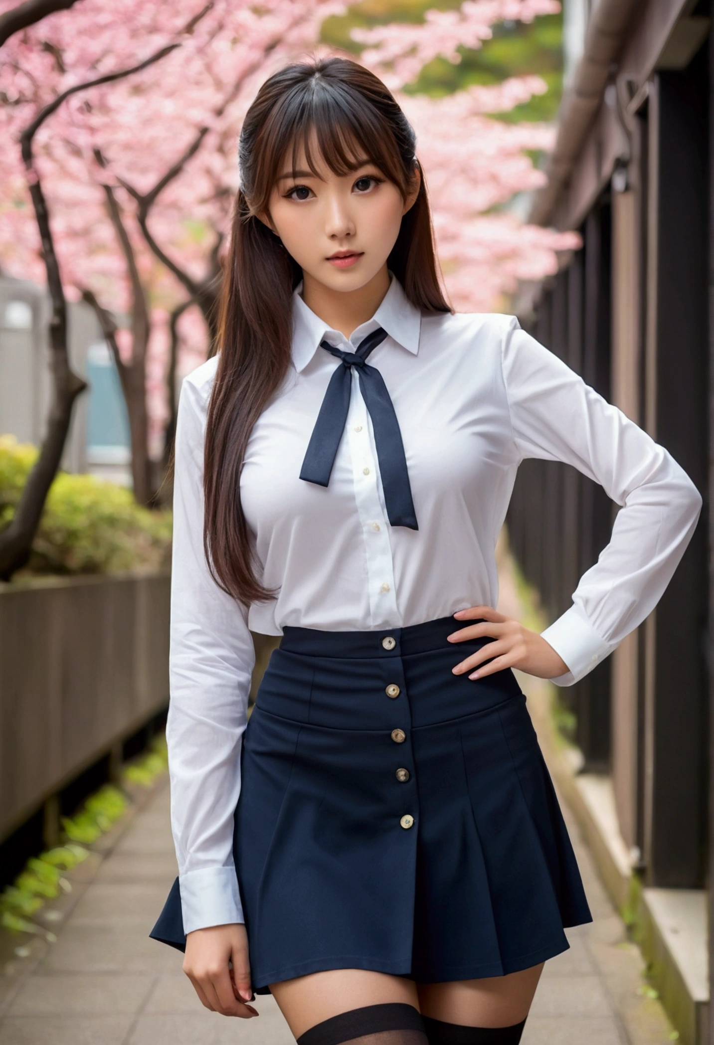 Create an image of the most stunningly gorgeous beautiful perfect sexy young japanese girl, Stunningly gorgeous perfect face, little perfect makeup, long eyelashes, large eyes, long luscious straight hair, gigantic breast, super slim waist, sexy seductive hips, long thin legs, long sleeve button up blouse, short mixro skirt, thigh high stockings, high heels, in Tokyo 