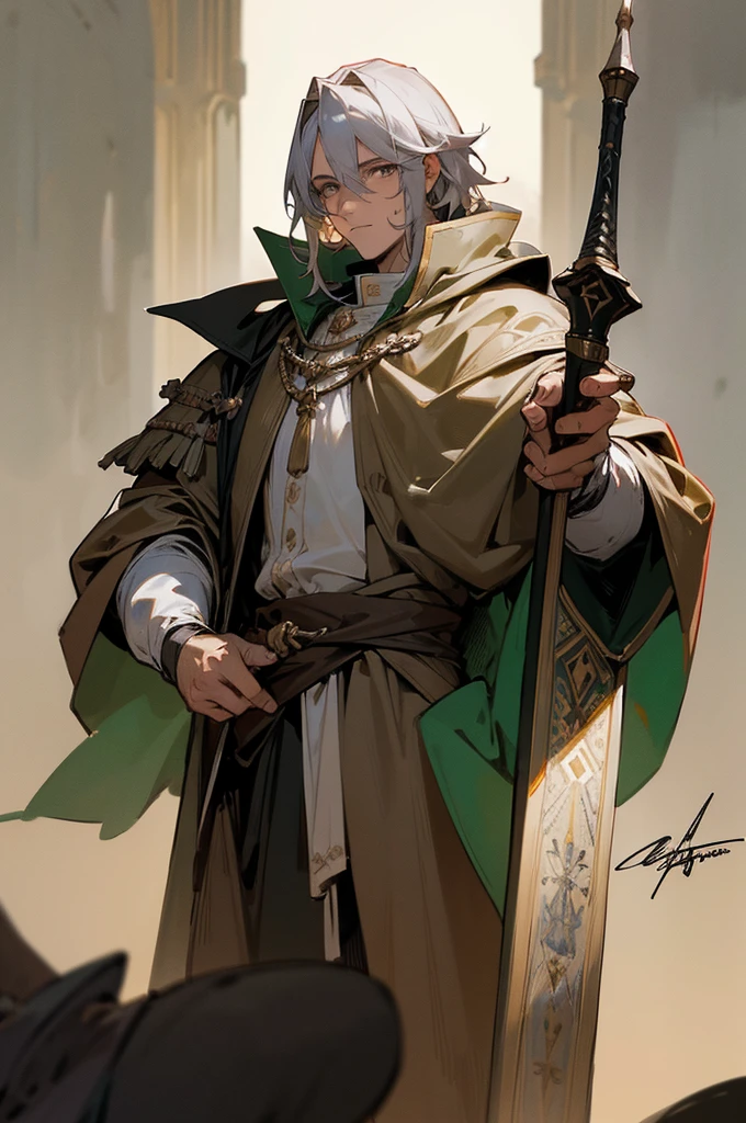 1man,medieval fantasy ranger,best quality, masterpiece, ultra high res,Amadeus boreale, morninggale, tall blonde and gray eyes,signetring,ranger,rugged huntsman,cloak,dark matted colors,