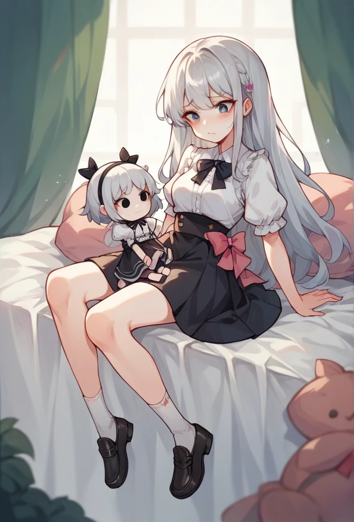 NSFW,vulgarity,Silver hair, cute girl, embarrassing, White blouse, black knee-length skirt, black loafers,Doll, riding a doll