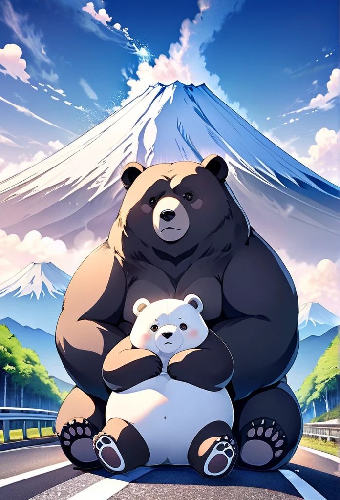 Plump giant bear hybrid, They are sitting on the road below Mount Fuji and causing trouble.., Beautiful Mount Fuji background, Small model, The bear is bigger than Mount Fuji., Fantasy art, 2.5D, delicate and dynamic, Cute rough pastel effect