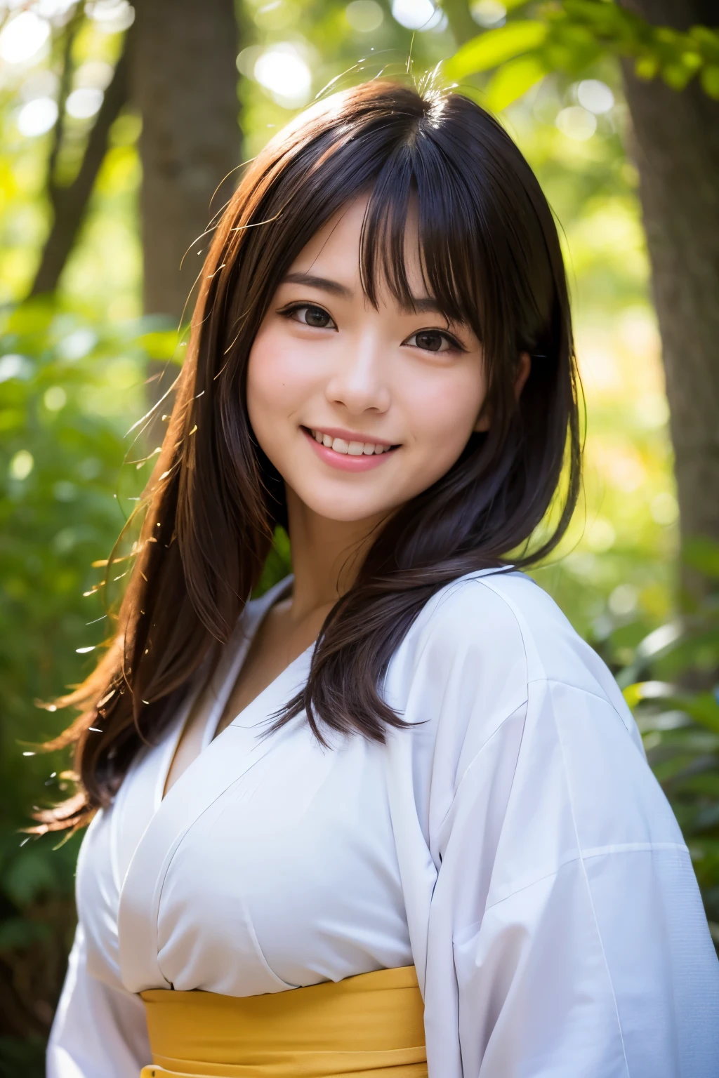 best quality, face focus, soft light, ultra high res, (photorealistic:1.4), RAW photo,(Shinozaki Ai),
1 Japanese girl, solo, cute, kawaii, smile, (pupil, lights in the eyes),  detailed beautiful face, (busty),(high resolution detail of human skin texture),(long hair),(portrait), upper body, white traditional kimono, in the forest,