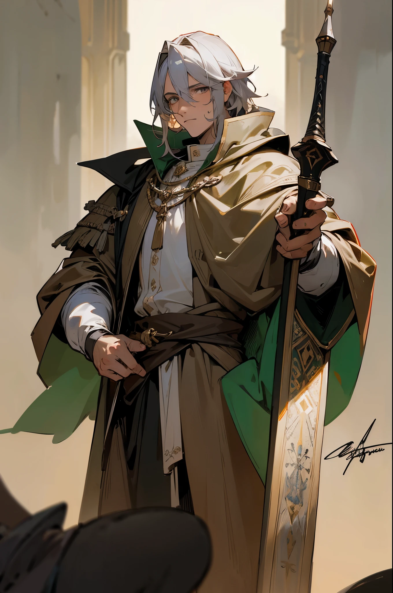 1man,medieval fantasy ranger,best quality, masterpiece, ultra high res,Amadeus boreale, morninggale, tall blonde and gray eyes,signetring,ranger,rugged huntsman,cloak,dark matted colors,