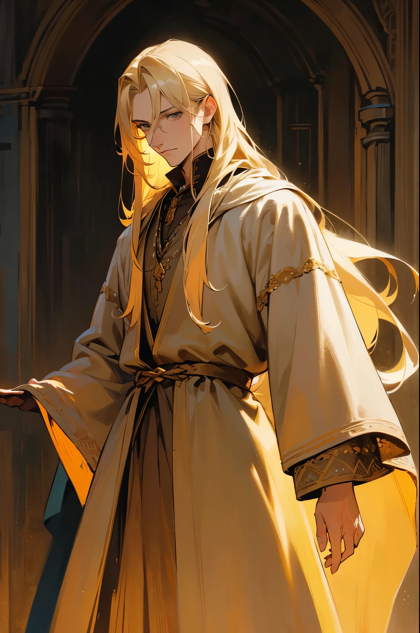(Best quality),adult,1 man, male, mature, very tall, elegant and strong, long hair blonde, grey eyes, long hair blonde, medieval bohemian style clothing, richly textured background, soft lighting, portrait style, painting style, deep colors, royal golden clothes yunani style, perfect eyes, look at camera,