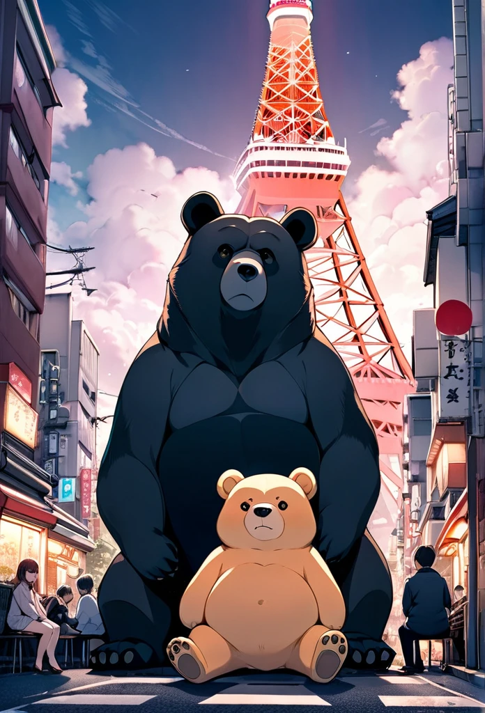 Plump giant bear hybrid, People are sitting on the road under Tokyo Tower, causing a nuisance.., Big Tokyo Tower background, Small model, The bear is bigger than Tokyo Tower., Fantasy art, 2.5D, delicate and dynamic, Cute rough pastel effect