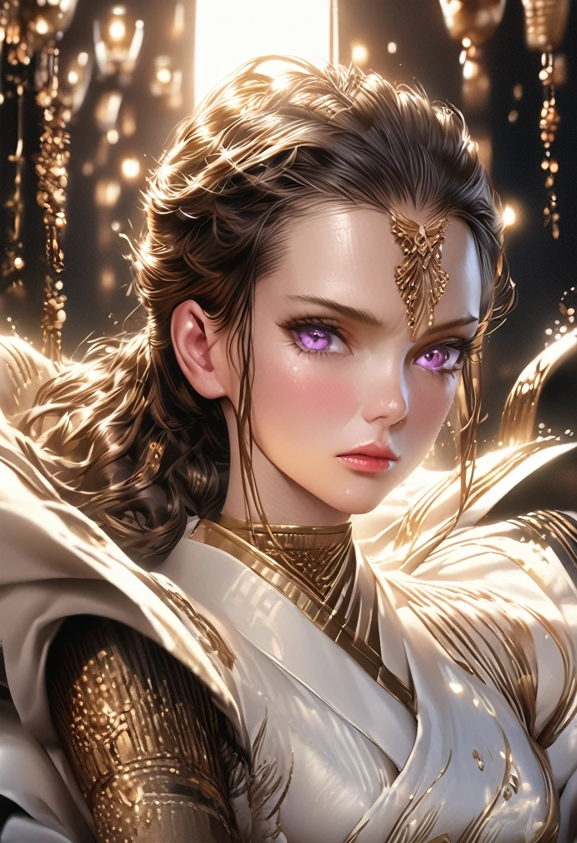 a beautiful woman with long dark blue hair in a ponytail, violet eyes with a cold and powerful gaze, an overwhelming regal aura, (best quality,4k,8k,highres,masterpiece:1.2),ultra-detailed,(realistic,photorealistic,photo-realistic:1.37),digital art, highly detailed facial features, porcelain skin, dramatic lighting, cinematic composition, fantasy, elegant flowing dress, dramatic shadows, moody atmosphere, deep rich colors, anime version