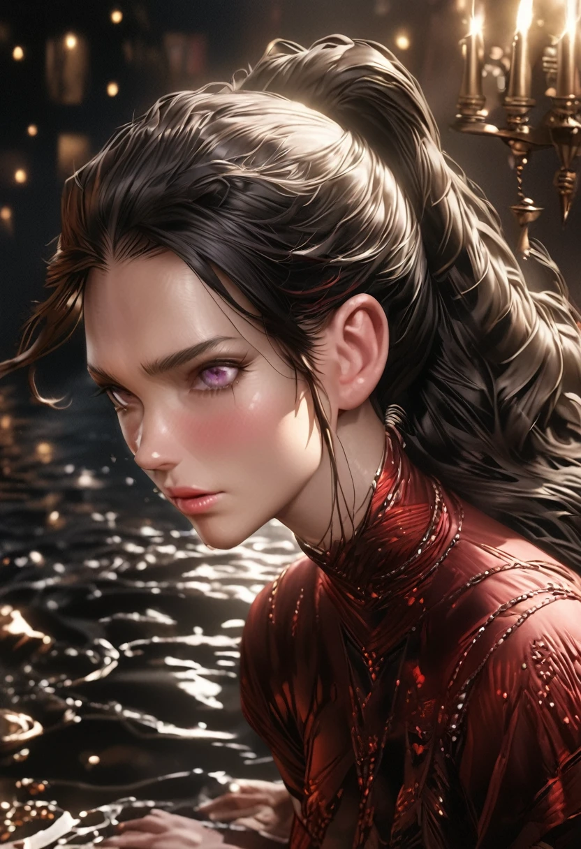 a beautiful woman with long dark blue hair in a ponytail, violet eyes with a cold and powerful gaze, an overwhelming regal aura, (best quality,4k,8k,highres,masterpiece:1.2),ultra-detailed,(realistic,photorealistic,photo-realistic:1.37),digital art, highly detailed facial features, porcelain skin, dramatic lighting, cinematic composition, fantasy, elegant flowing dress, dramatic shadows, moody atmosphere, deep rich colors, anime version