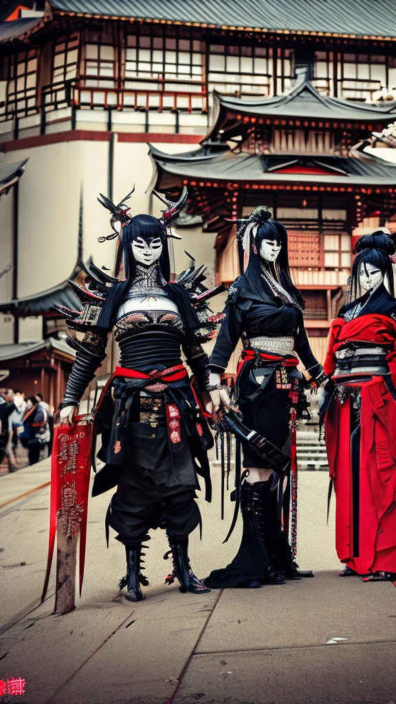 a group of people standing next to each other, yasuke 5 0 0 px models, hone onna skeleton geisha, ancient japanese samurai, female samurai, demon samurai, japanese samurai, samurai with demon mask, demon samurai warrior, feudal japan art, demon samurai mask, samurai armor, very beautiful cyberpunk samurai, porcelain japanese mannequins, japanese warrior, samurai portrait photo.Cyberpunk city.