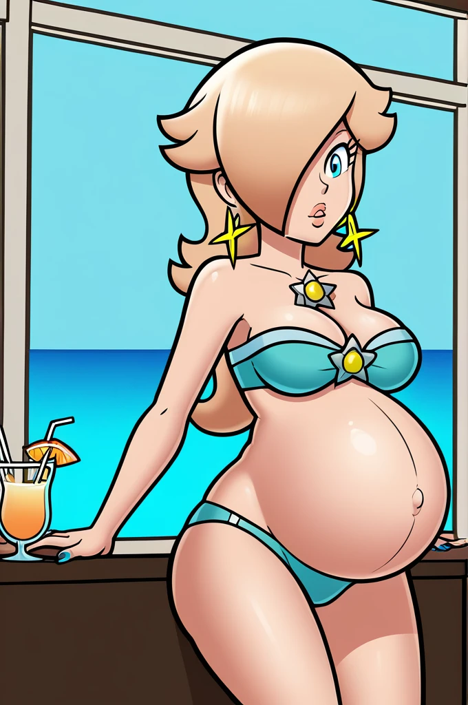 score_9, score_8_up, 1girl, solo, rosalina, style parody, thick outlines, bikini, panties, pregnant belly, big belly, sleeveless, strapless, cleavage, indoors, beach, black nails, complete body, perfect, blue nails,