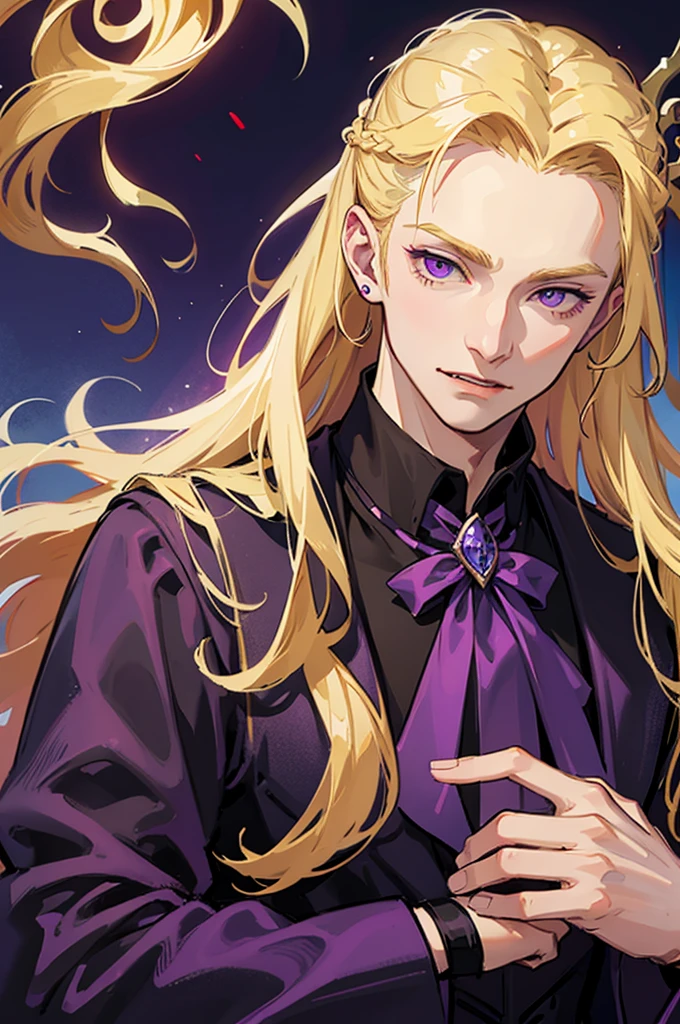 man, male, blonde hair, long hair, purple eyes, fangs, fantasy wear, vampire,