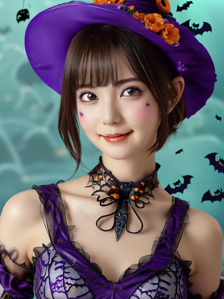 ((from below,upper body),A 25 years old girl, detailed cutie face, beautiful detailed eyes, detailed dropped eyes, beautiful charming smile, extremely detailed face,slender body,short hair,anime style, (halloween costume):2.0), Highres fix,colorful lights, pumpkin decorations, haunted house, best quality, 4k, highres, masterpiece, realistic, photorealistic, photo-realistic, vivid colors, intricate details, fantasy, soft lighting, magical