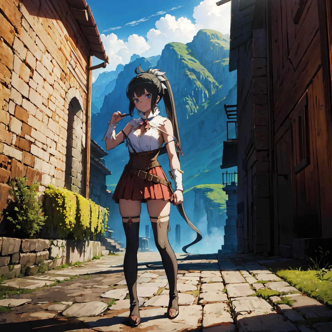 highly detailed, full body, ((1girl)), solo, smile, blush, outdoors, day, simple background, blue sky, sky, temple, looking at viewer, stairs, mountain, moody lighting, facing viewer, full body view, aamumei, (((very long hair, ponytail))), ahoge, multicolored hair, ((feather hair ornament)), hairclip, white shirt, brown corset, dagger, belt, red skirt, thigh strap, single kneehigh, single thighhighs, brown cloak, cape, capelet, brown bow, ((((She holds a longsword in her right hand))))
