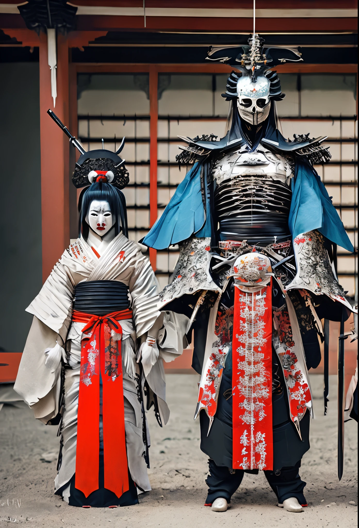 a group of people standing next to each other, yasuke 5 0 0 px models, hone onna skeleton geisha, ancient japanese samurai, female samurai, demon samurai, japanese samurai, samurai with demon mask, demon samurai warrior, feudal japan art, demon samurai mask, samurai armor, very beautiful cyberpunk samurai, porcelain japanese mannequins, japanese warrior, samurai portrait photo